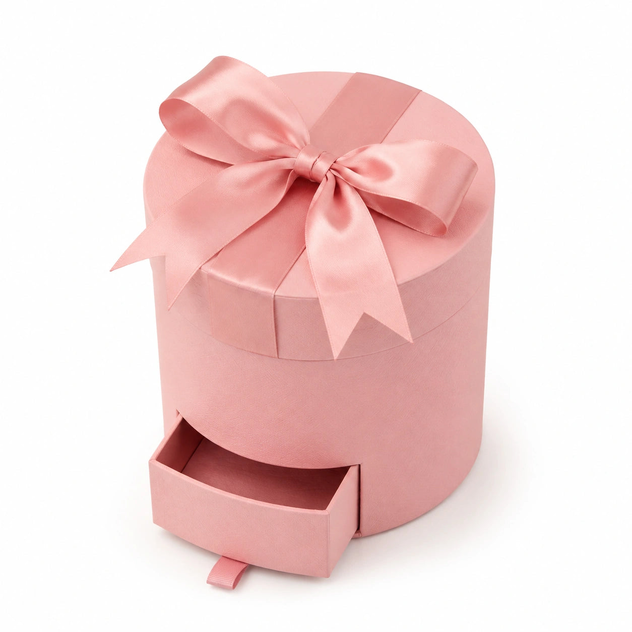 Runde Geschenkbox 20 cm Rosa aus Karton mit Satinband und Schublade