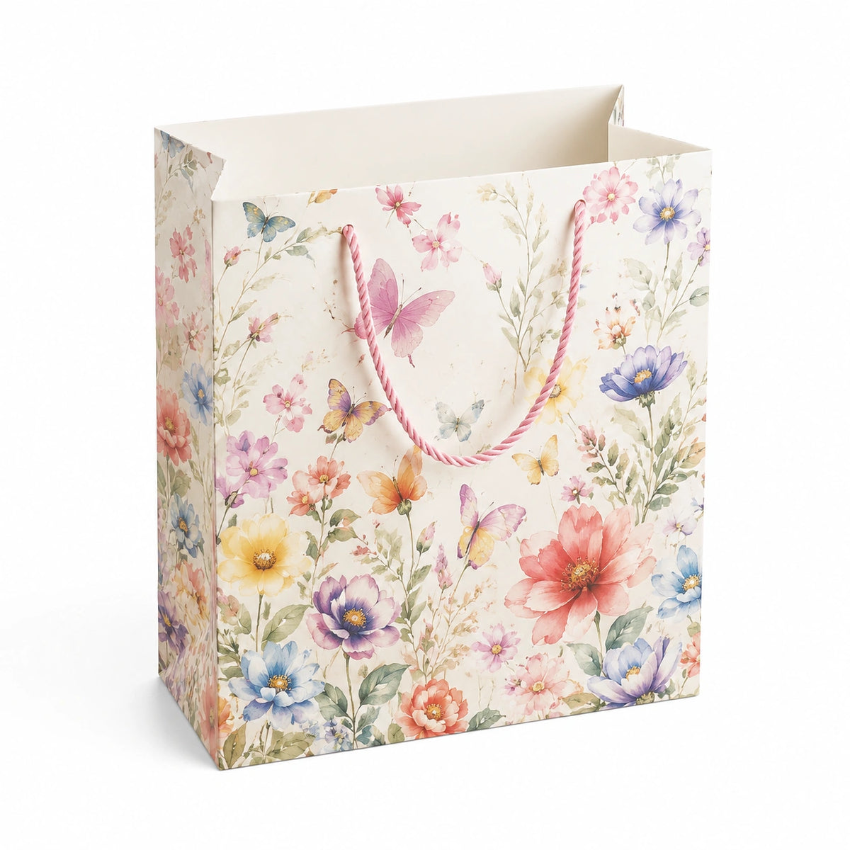 Geschenktüte 26 x 12 x 32 cm aus Papier cremefarben rosa floral mit Kordelgriffen