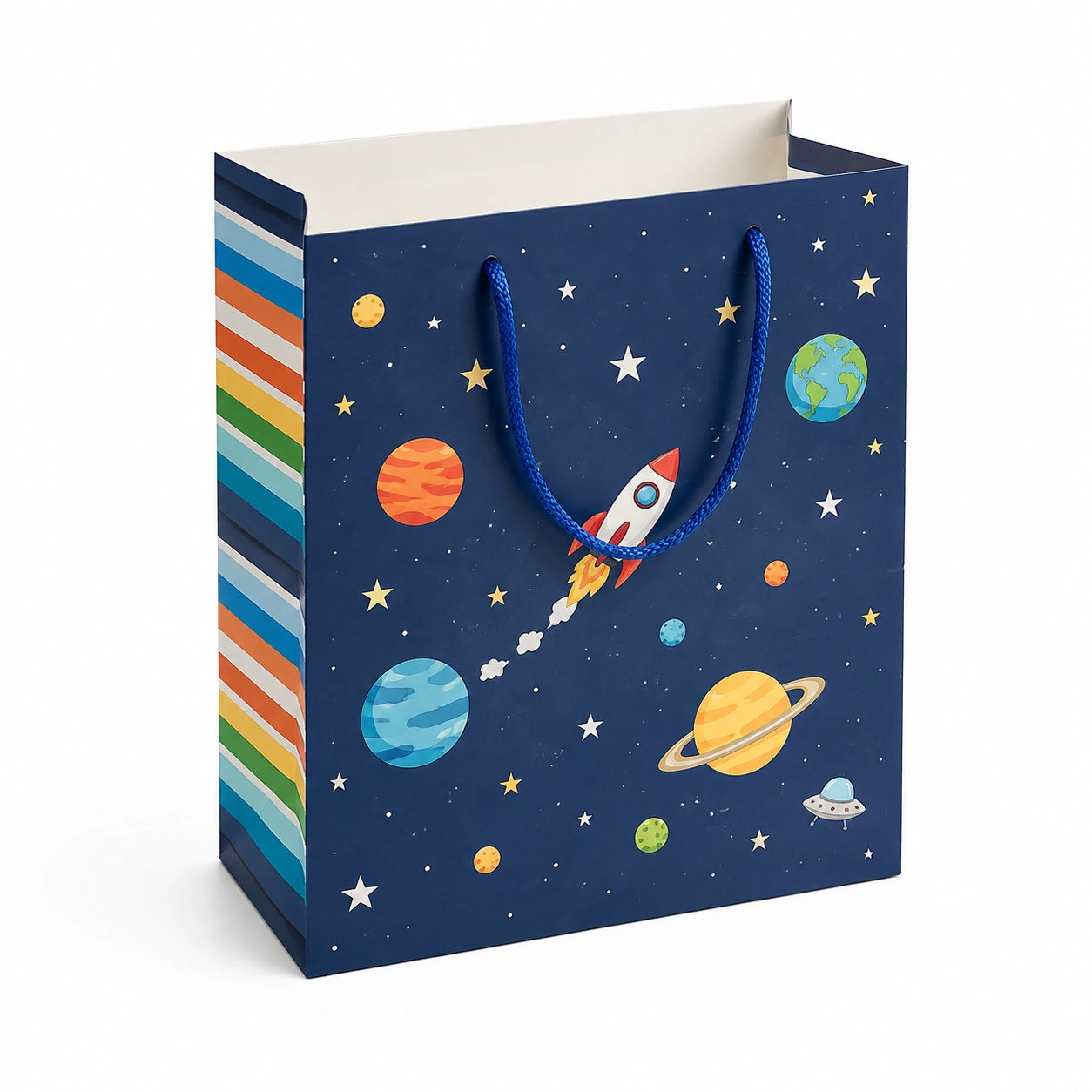 Geschenktüte 26 x 12 x 32 cm aus Papier Blau mit Kordelgriffen Weltraumdesign