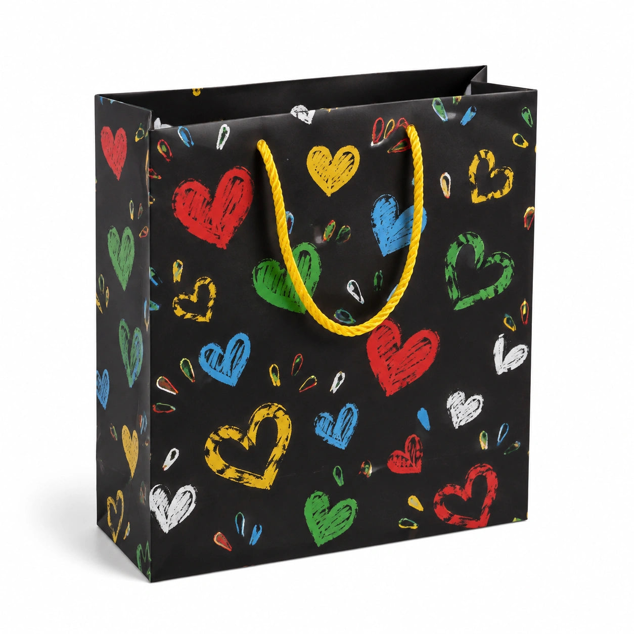 Geschenktüte 26 x 12 x 32 cm aus Papier Schwarz mit Herzmotiv und Kordelgriffen
