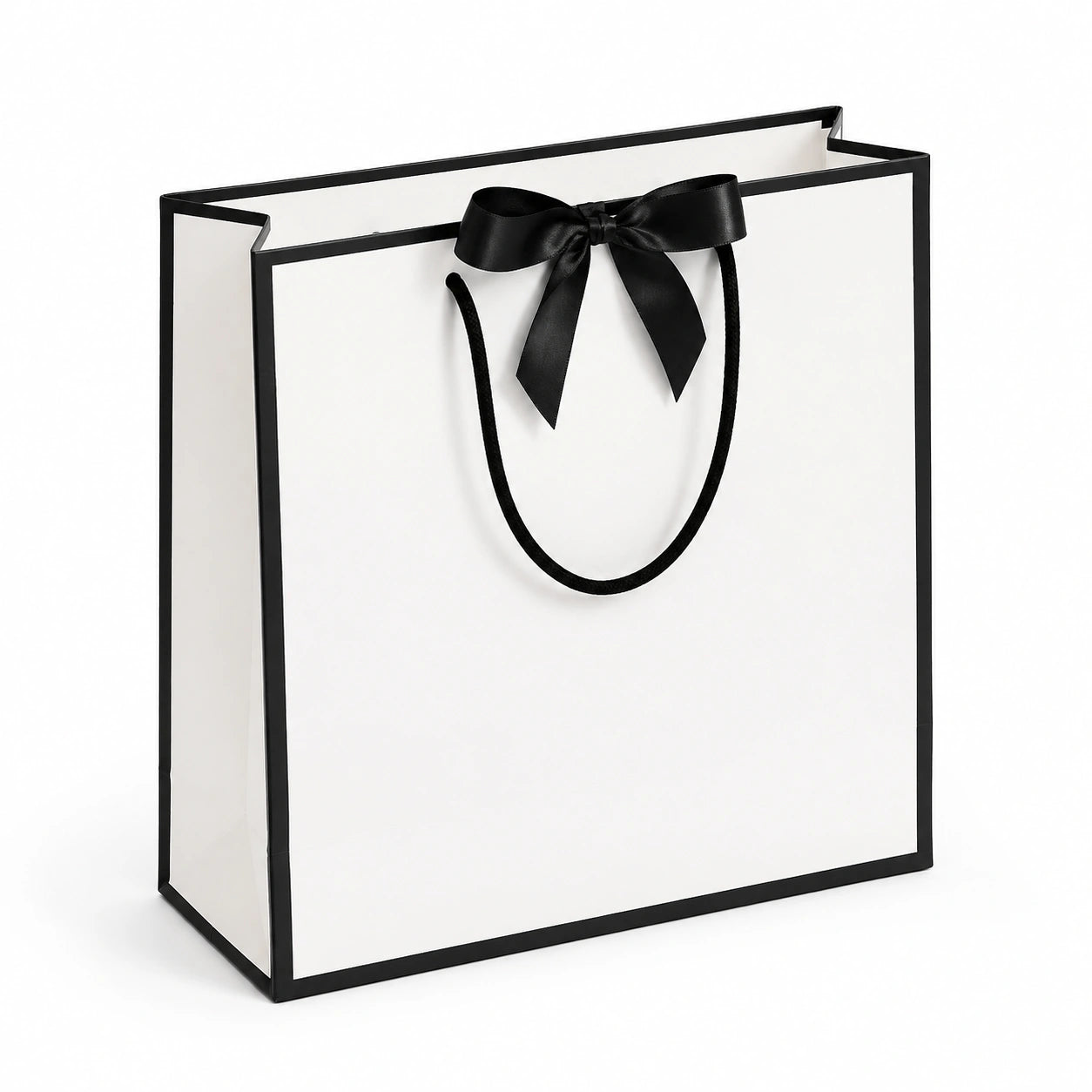 Geschenktüte 32 x 12 x 26 cm aus Papier Weiß Schwarz mit Tragekordeln und Schleife