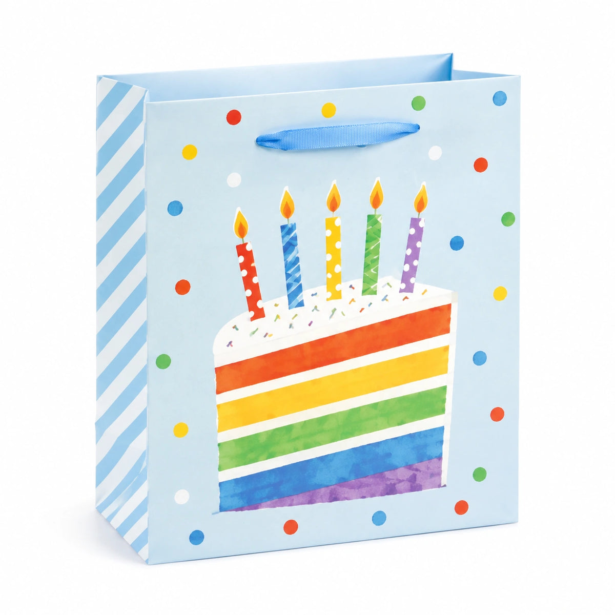 Geschenktüte 26 x 12 x 32 cm aus Papier hellblau mit Geburtstagstortenmotiv und Tragegriffen