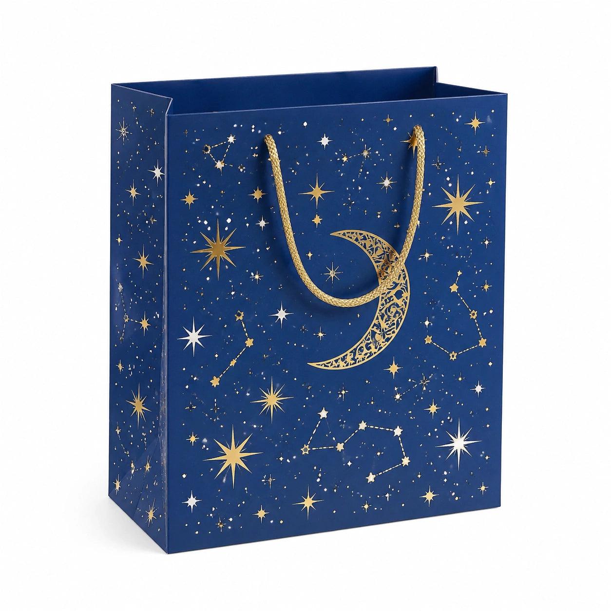 Geschenktüte 26 x 12 x 32 cm aus Karton Blau Gold mit Kordelgriffen Sternenmotiv