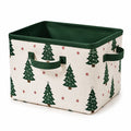 Aufbewahrungsbox 33 x 33 x 33 cm aus Textil Beige Grün mit Weihnachtsbaumdruck und Tragegriffen