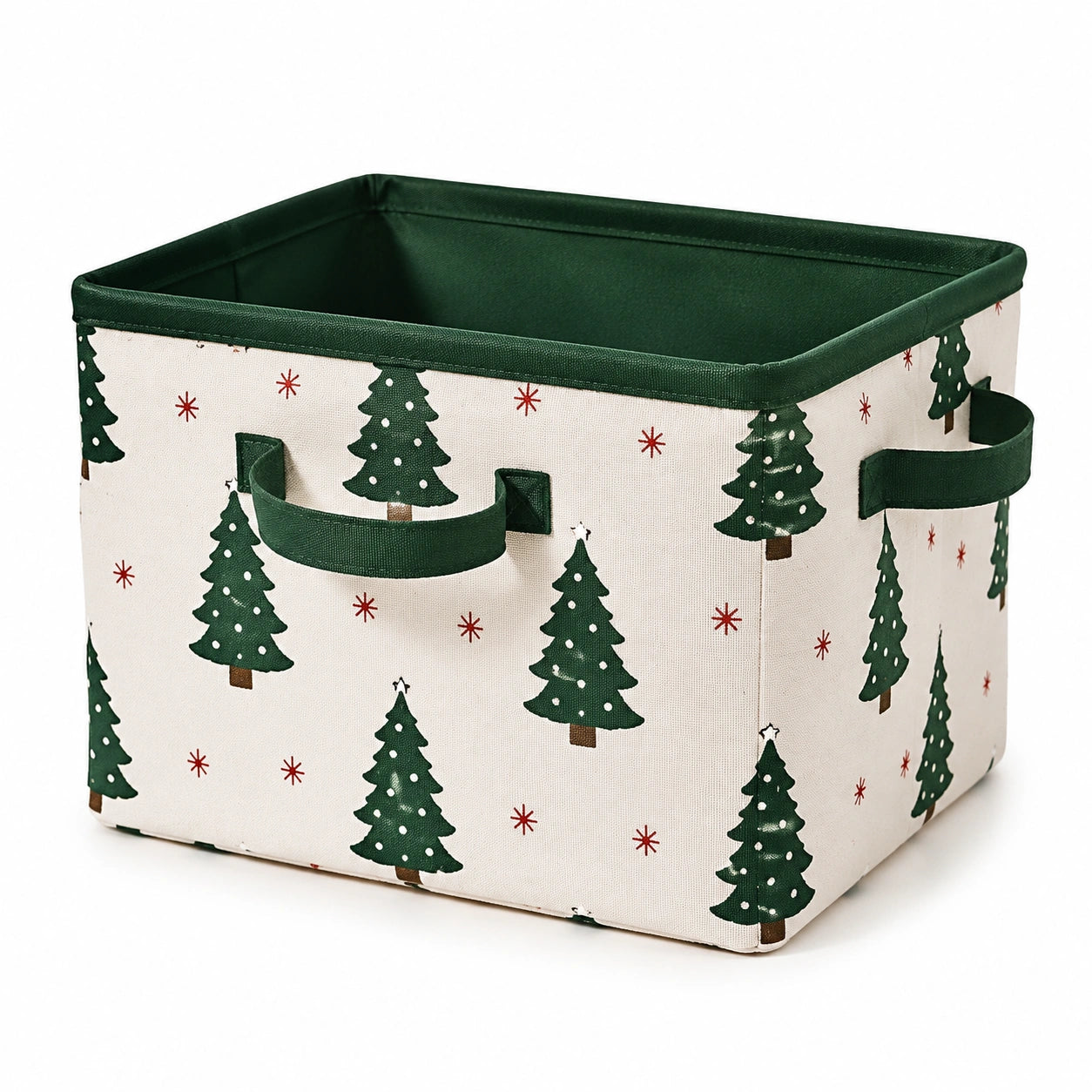 Aufbewahrungsbox 33 x 33 x 33 cm aus Textil Beige Grün mit Weihnachtsbaumdruck und Tragegriffen