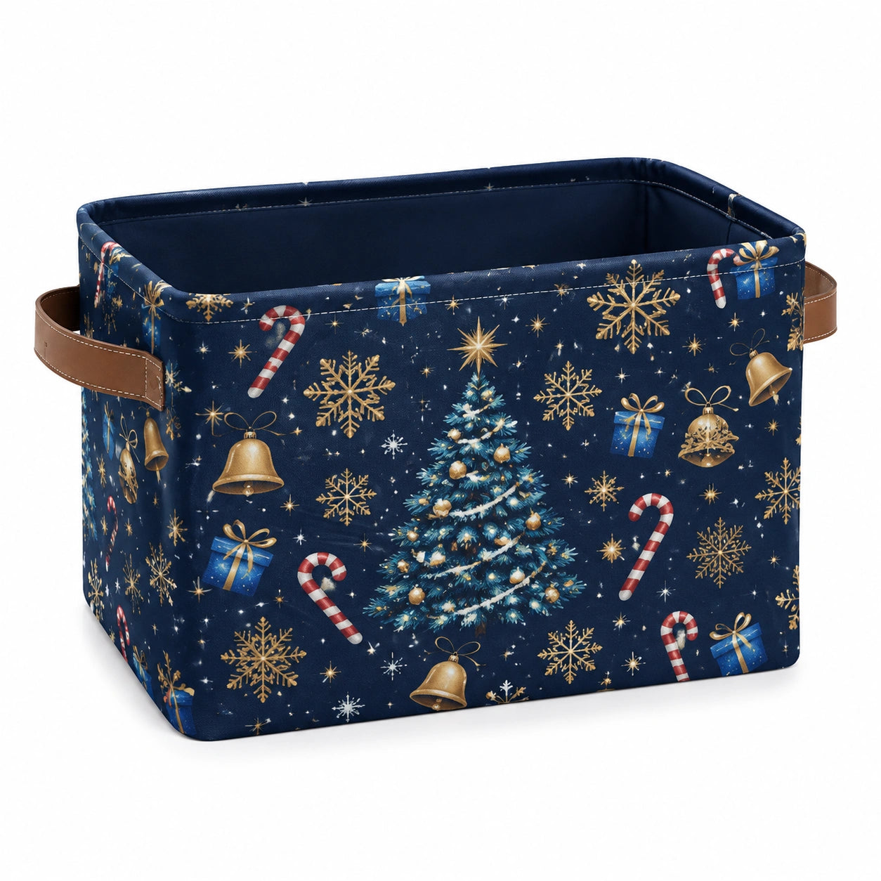Aufbewahrungskorb 38 x 28 x 30 cm aus Polyester in Dunkelblau mit Weihnachtsmotiv und Kunstledergriffen