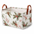 Aufbewahrungskorb 38 x 28 x 25 cm aus Textil in Weiß mit Winterpflanzenmuster und Kunstledergriffen