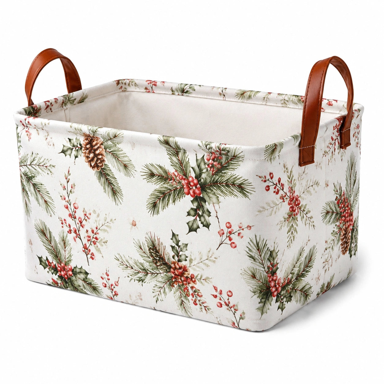 Aufbewahrungskorb 38 x 28 x 25 cm aus Textil in Weiß mit Winterpflanzenmuster und Kunstledergriffen