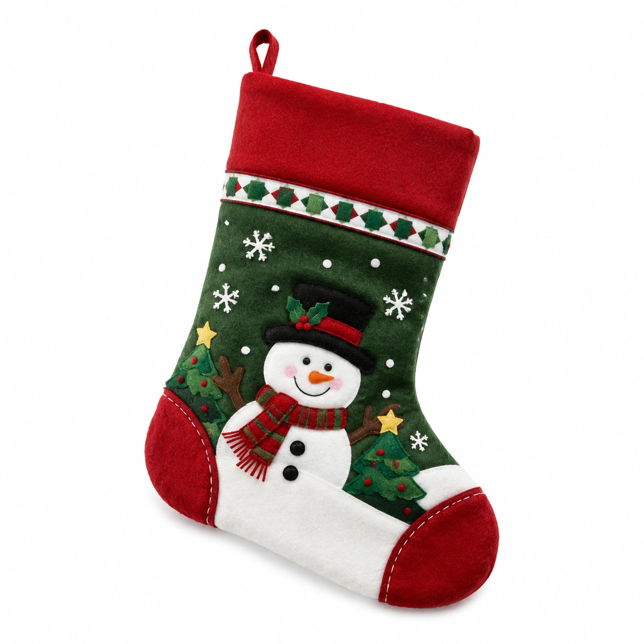 Weihnachtsstrumpf 45 cm aus Filz Rot Grün mit Schneemann Motiv zum Aufhängen