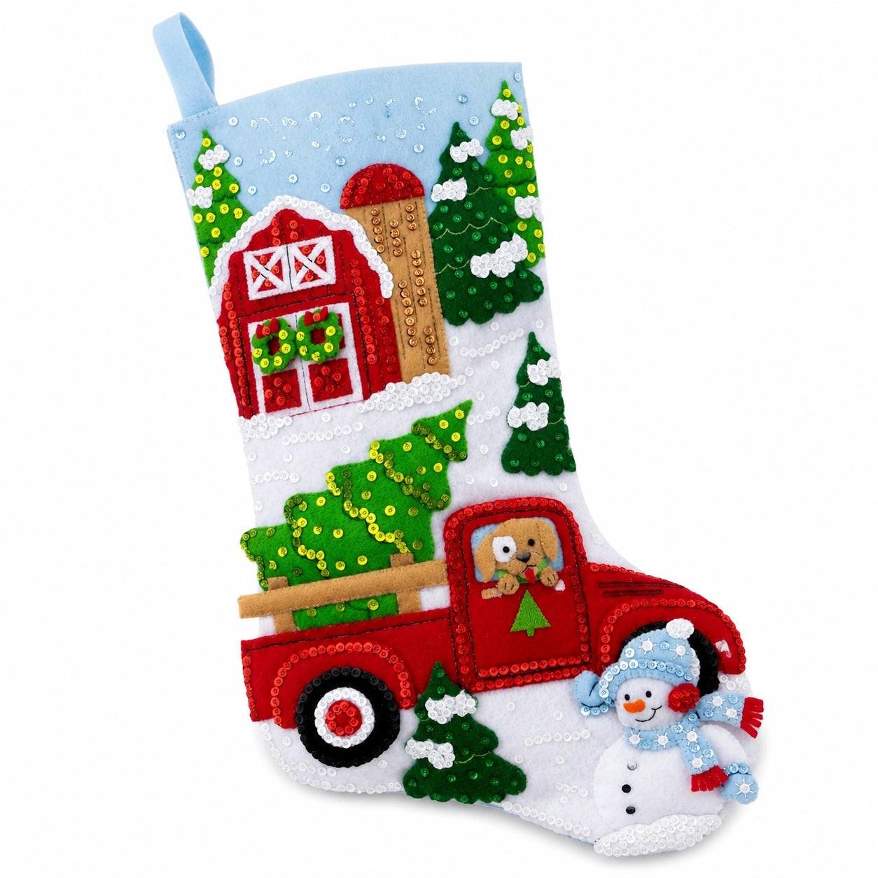 Weihnachtsstrumpf Einheitsgröße aus Filz Blau Weiß Rot mit Pailletten Wintermotiv