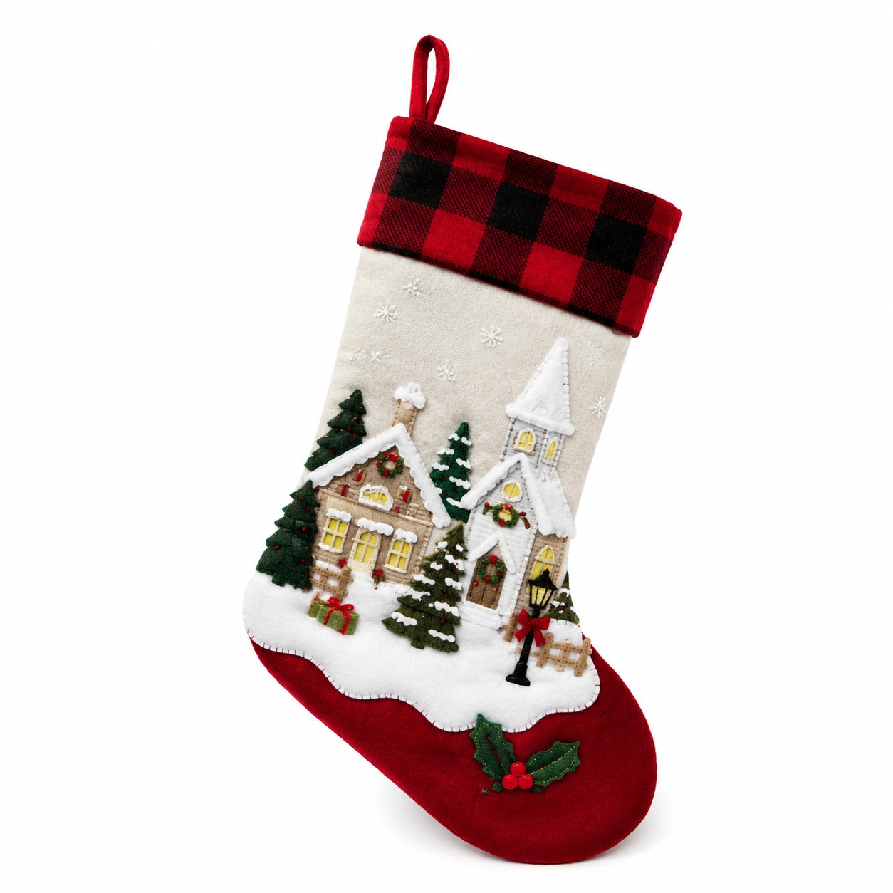 Weihnachtsstrumpf 45 x 25 cm aus Textilfilz Rot Weiß mit Winterdorf Motiv zum Aufhängen