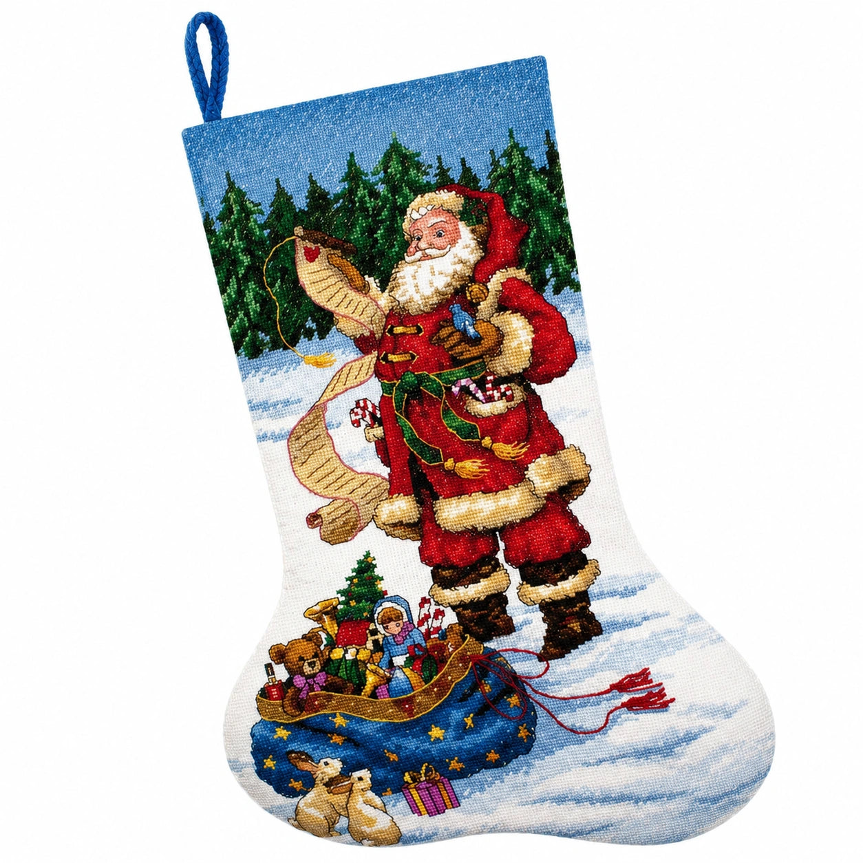 Weihnachtsstrumpf 45 cm aus Textilgewebe Blau Rot mit Weihnachtsmannmotiv zum Aufhängen