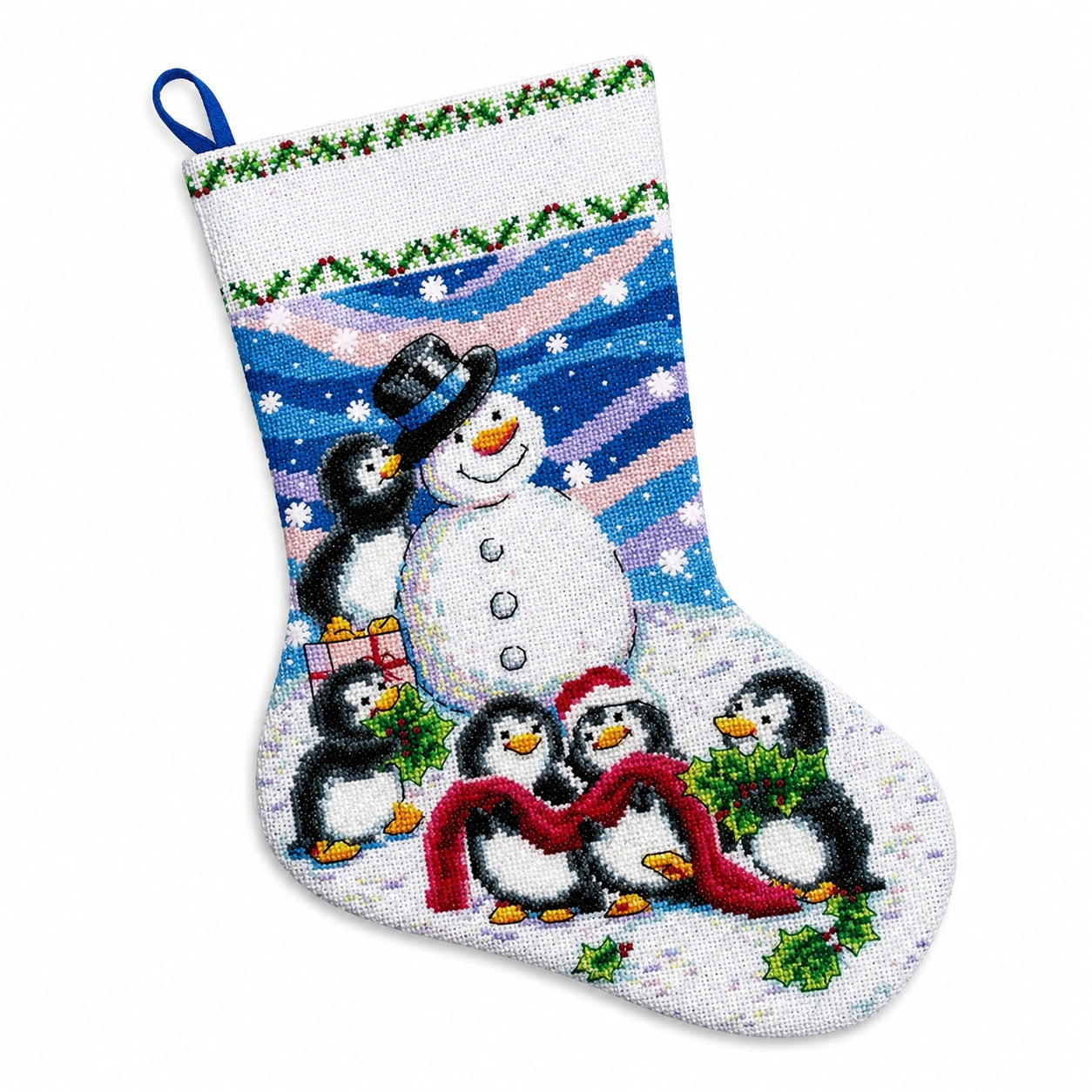 Weihnachtsstrumpf 45 cm Textil Weiß Blau mit Schneemannmotiv zum Aufhängen
