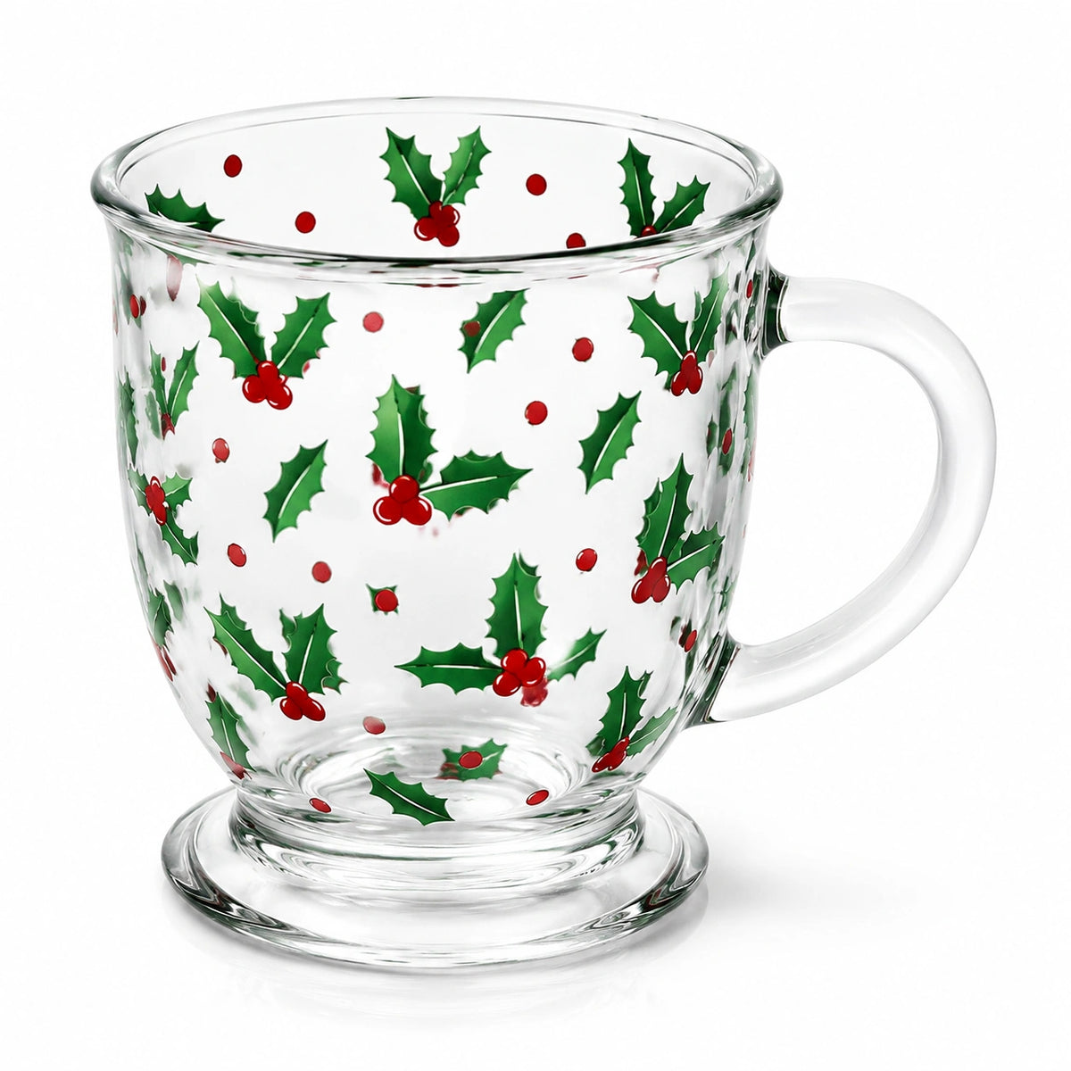 Glasbecher 350 ml transparent mit grün rotem Stechpalmenmuster weihnachtlich