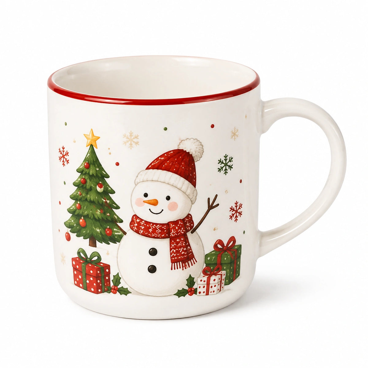 Keramiktasse 350 ml Weiß Rot mit Schneemannmotiv für Heißgetränke