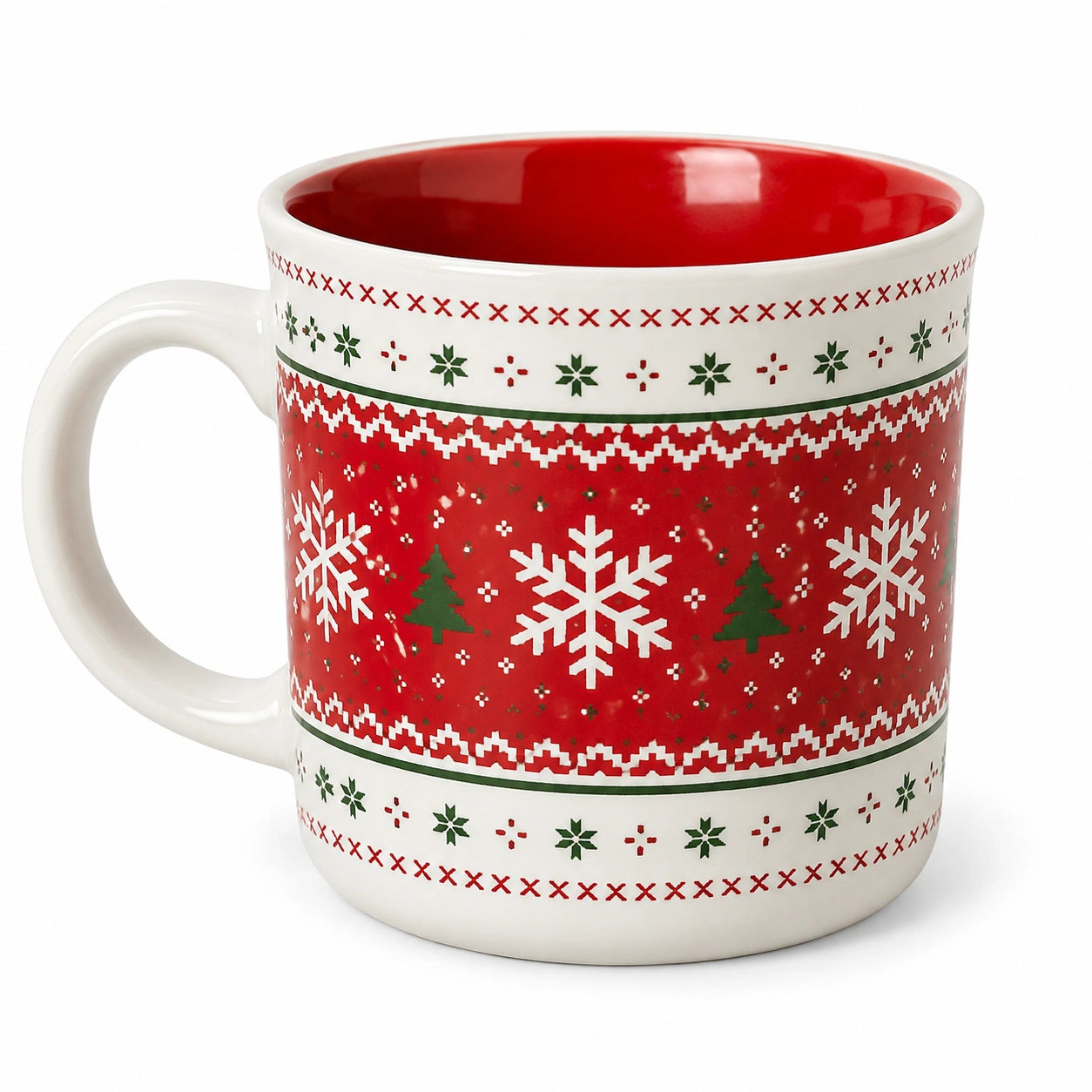 Keramiktasse 350 ml Rot Weiß mit Schneeflocken Winterdesign