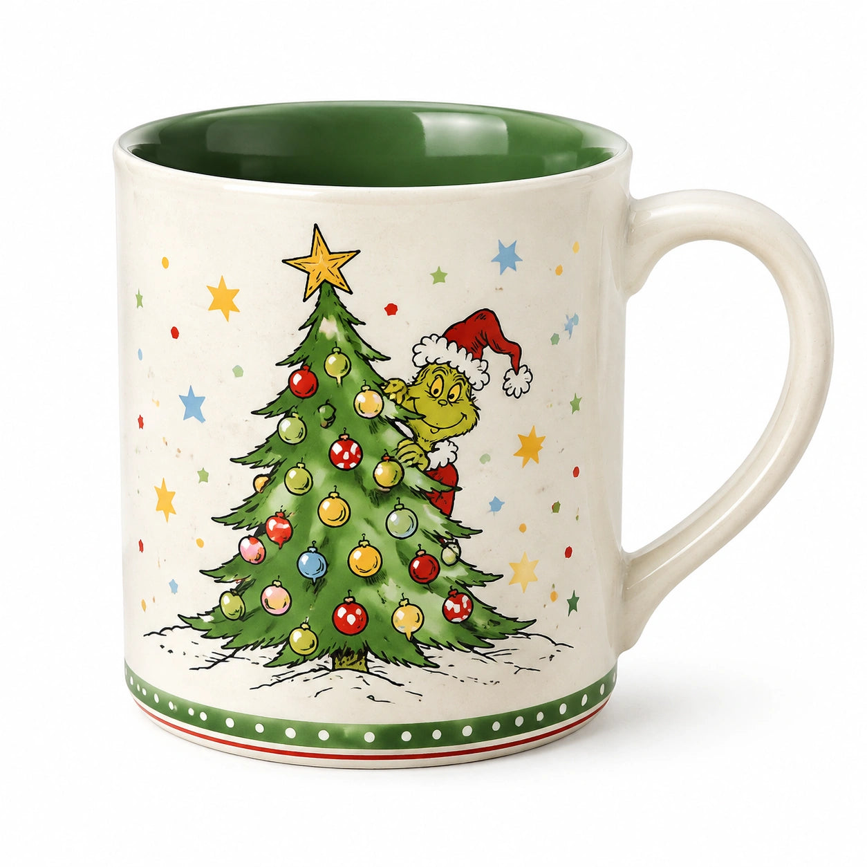 Keramiktasse 0.45 L Weiß Grün mit Weihnachtsbaum Motiv für Heißgetränke