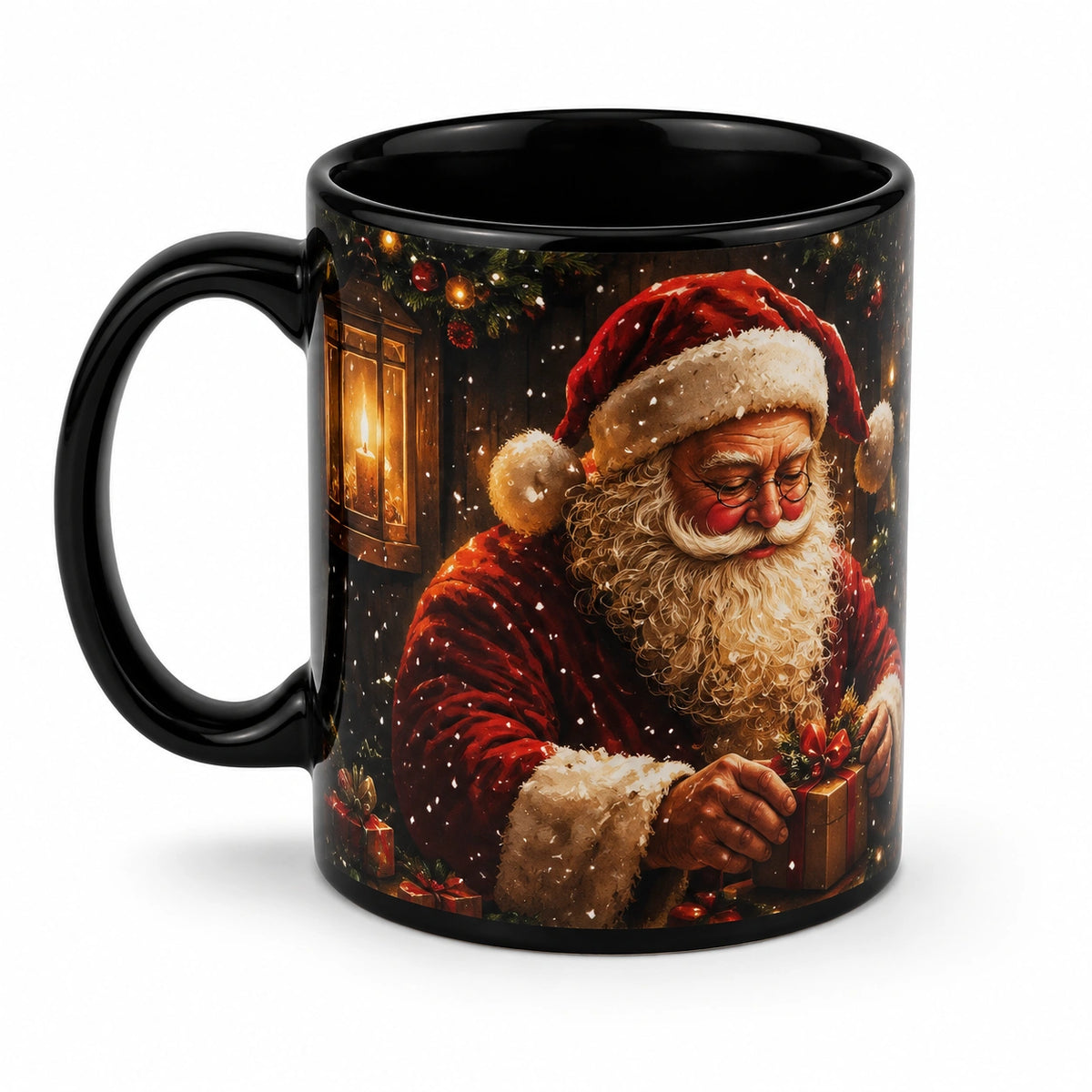Keramiktasse 330 ml Schwarz mit Weihnachtsmannmotiv für Heißgetränke